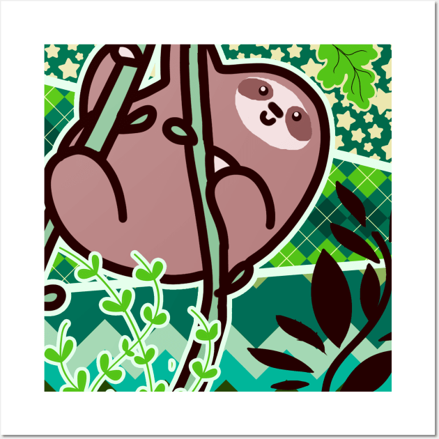 Vine Sloth with Green Patterns Wall Art by saradaboru